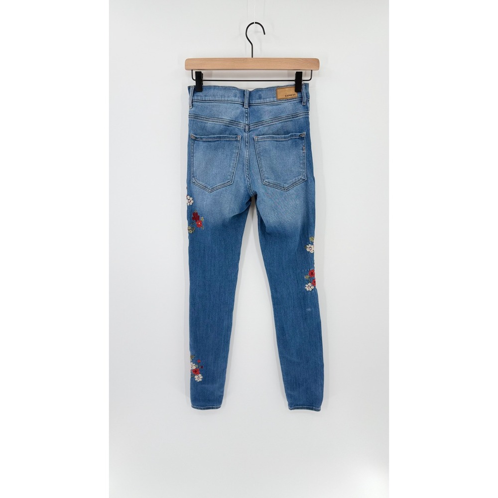 Express High Rise Floral Embroidered Jegging Jeans Medium Wash Stretch Size 0R - Picture 4 of 6